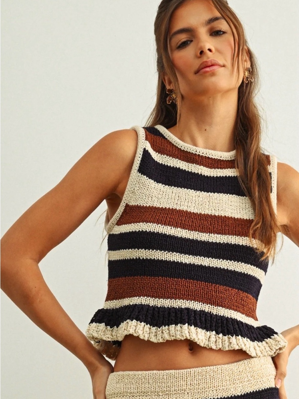 Miou Muse Striped Knit Crop Top in Navy, Rust & Cream